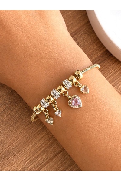 hand shey Pembe Taşlı Kalp Charm Çelik Bileklik | 316L Paslanmaz Çelik - 17 cm