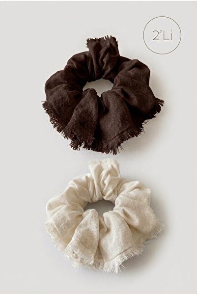 Q-İN 2-Piece 100% Natural Linen Tassel-Fringed Bohemian, French Scrunchies, C...