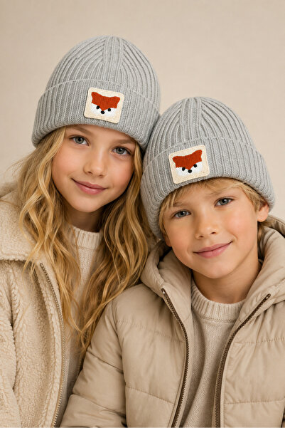 byebruketenci Children's Gray Wool Fox Animal Figured Beanie with Punch Detail