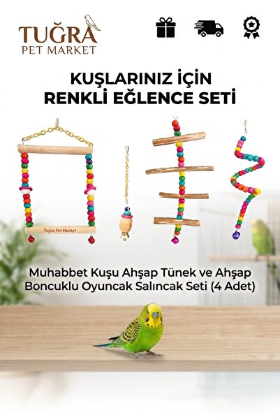 TUĞRA PET MARKET Budgie Wooden Perch and Wooden Beaded Toy Swing Set
