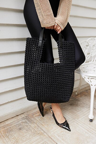 ANGELİNA JONES Selke Women's Black Knitted Detail Shoulder Bag
