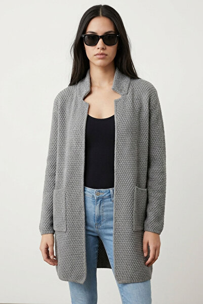Şiir Klav Soft Textured Stand/Slice Collar Long Sleeve Pocketed Knitwear Wome...