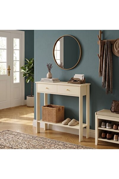 MANDOSİ 90 Cm Çift Çekmeceli Dresuar Antre Hol Bej Gold Kulp