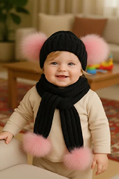 Panowill Design Baby Girl Pink Pompom Cotton Black Scarf Beanie Set 0-3 Years...