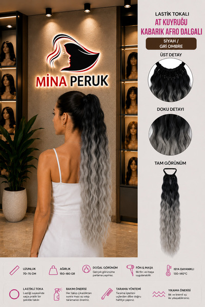 Mina Peruk Siyah/Gri Ombre Tokalı Lastikli Kabarık Afro At Kuyruğu – Şık ve P...