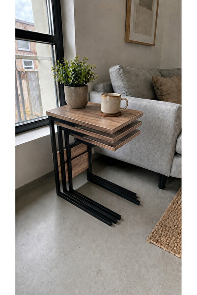 VEYSEL WOODWORKİNG Metal Ayaklı 3'lü Zigon Sehpa Orta Sehpa - Atlantik çam