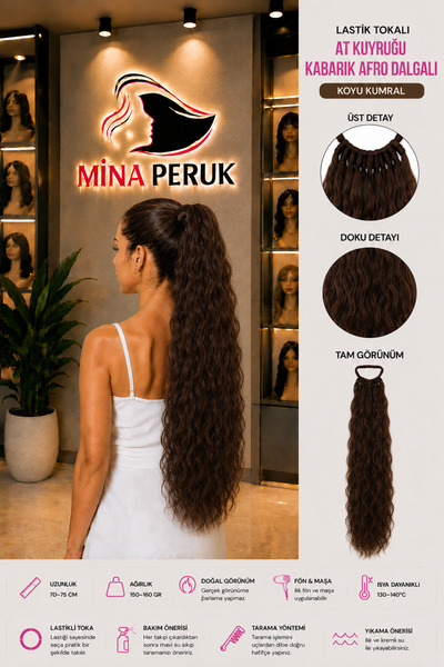 Mina Peruk Koyu Kumral Kabarık Afro At Kuyruğu – Tokalı, Lastikli, Sentetik Saç