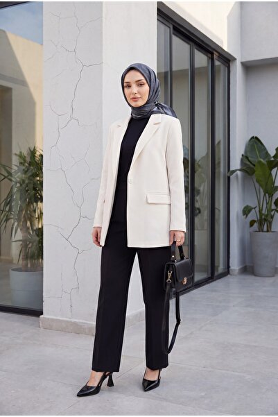 Modamorfo Single Button Lycra Jacket with Pockets -Cream