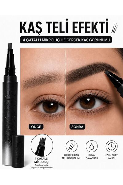 NUNUKO Siyah Kaş Teli Efektli Waterproof Likit Kaş Tattoo Kalem - 4 Çatallı M...