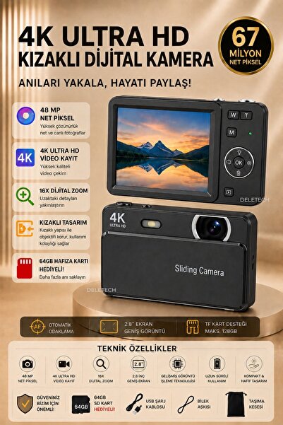 Deletech 4K Sliding Kamera Dijital Fotoğraf Makinesi | Kızaklı Lens Kapaklı |...