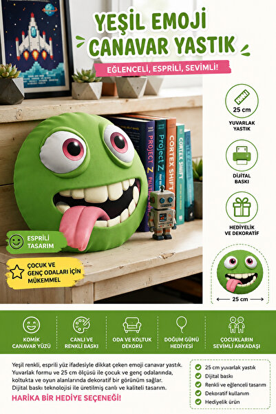 AZİZ OYUNCAK 💚 25 cm Yeşil Emoji Canavar Yastık, Esprili Yuvarlak Dijital Ba...