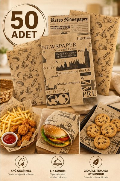 Kitchen Beauty Kendinden Desenli Yağlı Kağıt | 50 Adet Vintage Gazete Desen Sunum Kağıdı | Karışık Desen