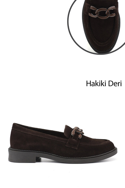 GÖNDERİ(R) Women's Brown Suede Buckle Genuine Leather Loafer Shoes