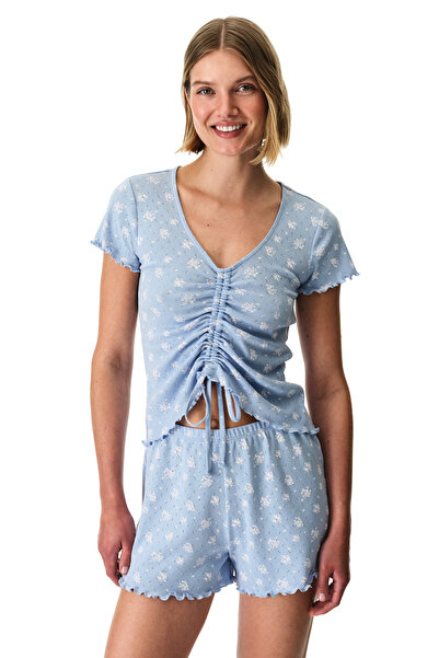 Penti Mavi Coralie Pointel Çıtır Çiçek Desenli Kısa Kollu Şort Pijama Takımı