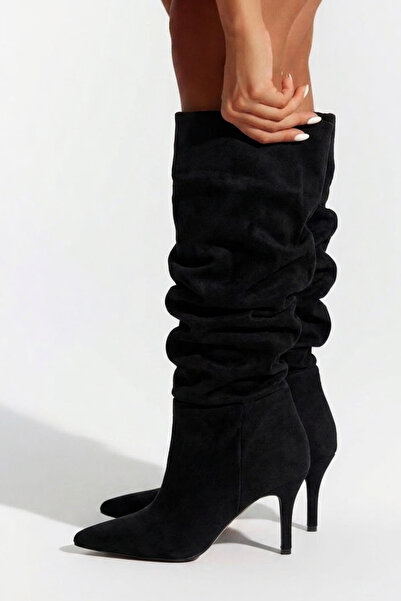 İX Zinnia Women's Black Suede Bellows Pointed Toe Thin Heeled Below the Knee ...