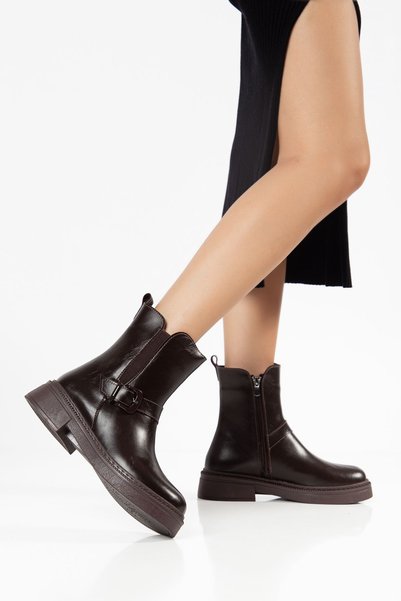 Hayalimdeki Ayakkabı Biore Women's Brown Shiny Skin Buckle Elastic Boots