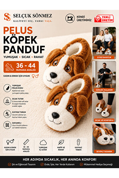 SELÇUK SÖNMEZ Kahverengi Peluş Köpek Panduf Ev Terliği 36-40 Numara