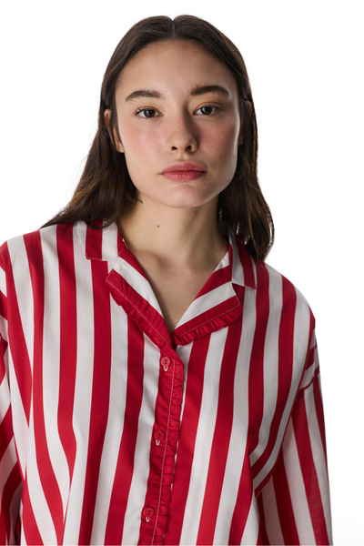 Penti Red Lucy Striped Shirt Ruffle Long Sleeve Pajama Set