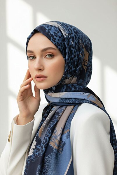 Vissona KREP LEOPAR DESENLİ İNDİGO - BEJ RENKLİ 75X195 KIRIŞMAZ ŞAL