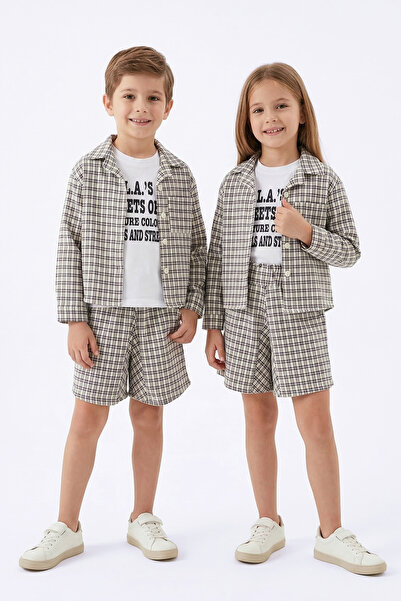 bebegen Unisex Ecru Black Plaid Piece Set with Shirt and Shorts