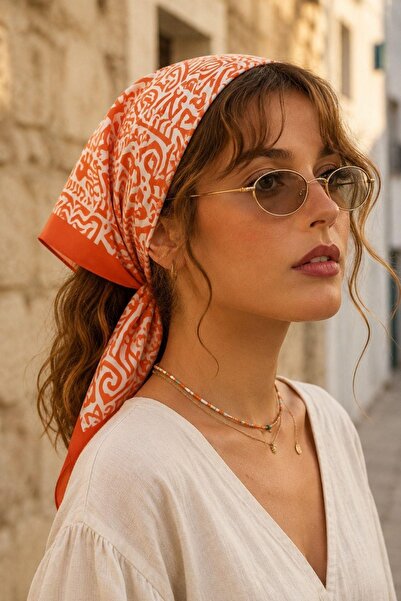 AFVENTE Ethnic Ocean Pattern Orange-Cream Soft Bandana Scarf 50X50 cm