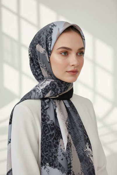 Vissona KREP LEOPAR DESENLİ SİYAH - GRİ RENKLİ 75X195 KIRIŞMAZ ŞAL