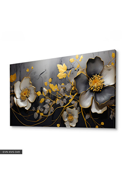 Evinemoda Altın ve Siyah Çiçek Desenli Modern Tek Parça Kanvas - Canvas Tablo