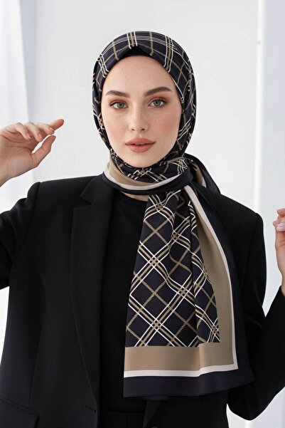 Vissona KREP EKOSE DESENLİ SİYAH - BEJ RENKLİ 75X195 KIRIŞMAZ ŞAL