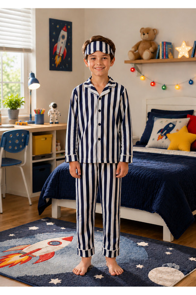 Novella18 Erkek Çocuk Çizgili Pamuklu Uzun Kollu Düğmeli Pijama Takımı