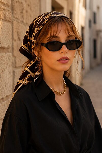 AFVENTE Gold Zincir Desen Siyah Soft Bandana Fular 50x50 cm