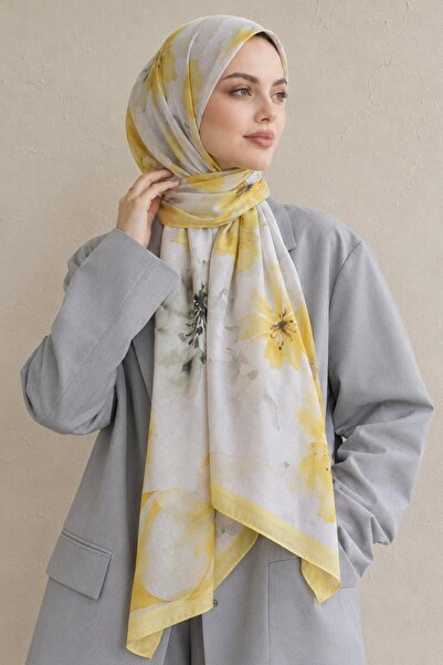 AFVENTE Spring Flowers Pattern Yellow Soft Cotton Shawl
