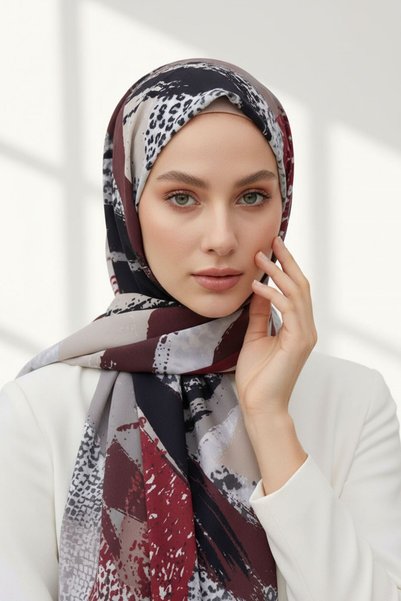 Vissona KREP LEOPAR DESENLİ KREM - BORDO RENKLİ 75X195 KIRIŞMAZ ŞAL
