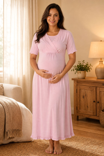 ByLohusa Breastfeeding Feature Cotton Short Sleeve Maternity Nightgown Effort...