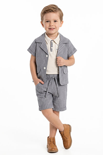 bebegen Boy's Ecru Gray Striped Shirt, Jacket and Shorts 3-Piece Set
