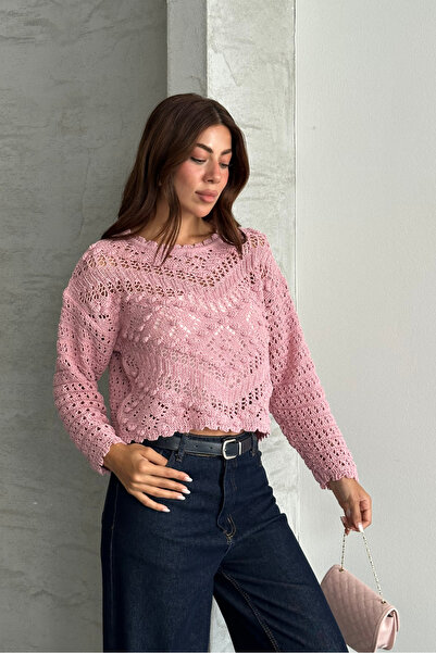 macharel jeans Kadın Kabartma Desenli Ajurlu Mevsimlik Triko Kazak Pudra