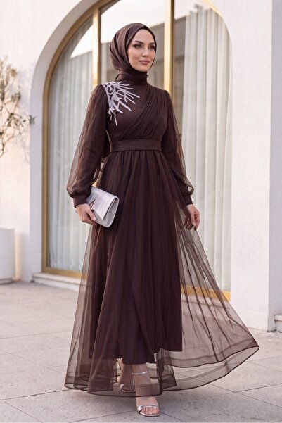 Modamorfo Front Stone Detail Draped Belted Tulle Evening Dress - Dark Brown