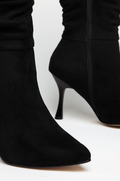 Hayalimdeki Ayakkabı Tmara Women's Black Suede Drawstring Zippered Heeled Long Boots