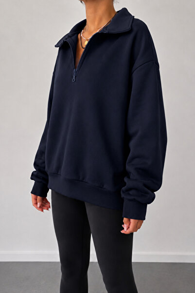 Sun Victoria Women's Navy Blue Polo Neck Oversize 3 Thread Ribbed Sweatshirt