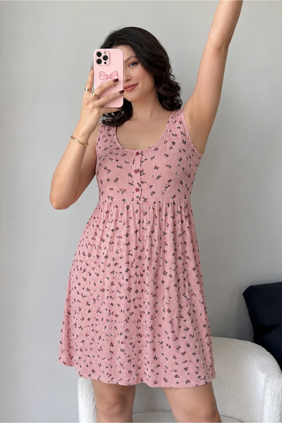 Cotpark SIFIR KOLLU DÜĞMELİ GECELİK Pembe 10656