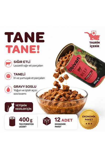 obivan Sığır Etli Sos İçinde Gravy Yetişkin Kedi Konservesi 400 gr x 12 Adet