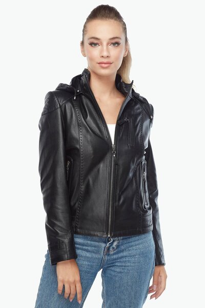 Deriza Genuine Lambskin Hooded Women's Coat Black