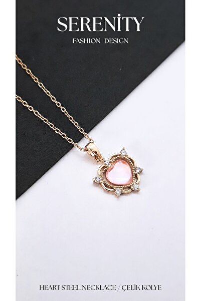 Serenity Heart Figure Opal Zircon Stone Steel Necklace