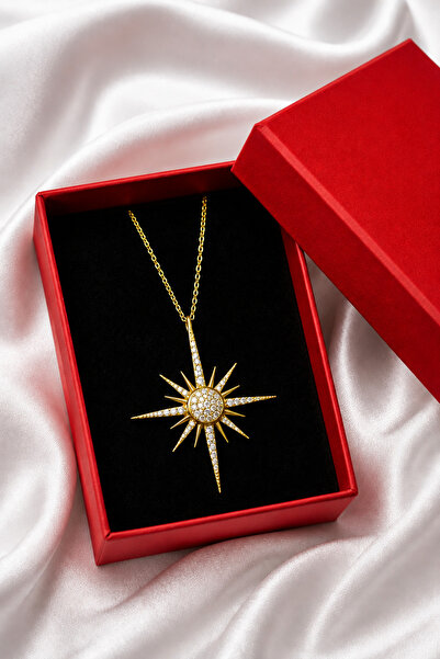 ÇEKİRDEK JEWELRY 925 Ayar Gümüş Pusula Yıldız Kolye Zirkon Taşlı Parlak Tasar...