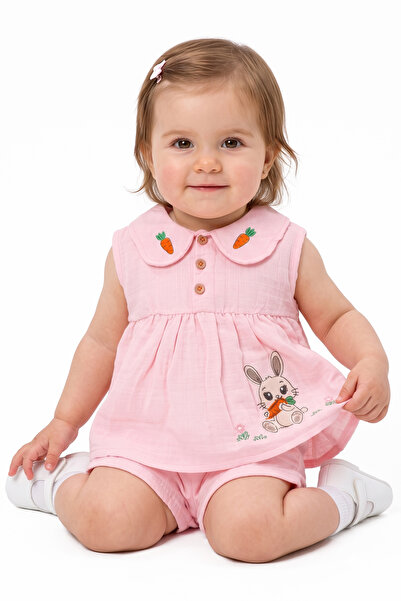 bebegen Baby Girl Pink Carrot Embroidered Collared Shorts Muslin 2-Piece Set