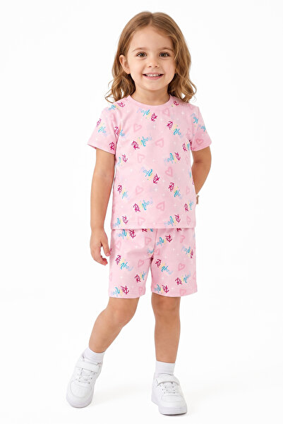 bebegen Girl's Pink Colorful Rainbow Written Shorts 2-Piece Set