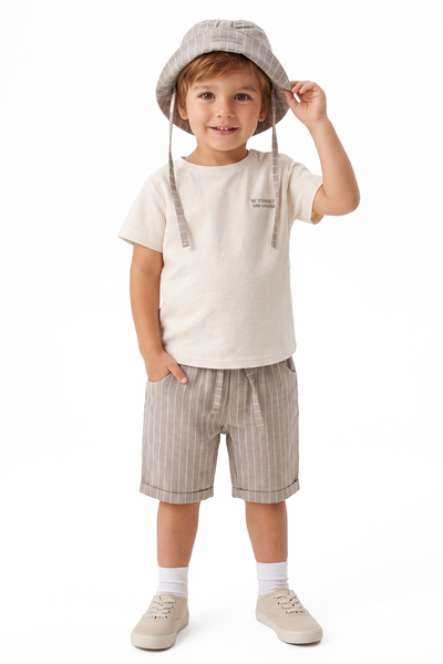 bebegen Boy's Ecru Brown Striped Hat and Shorts 3-Piece Set