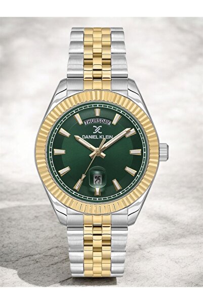 Daniel Klein Rolex Kasa İçi Yeşil Sarı Gümüş Kordon Erkek Kol Saati Su Geçirm...