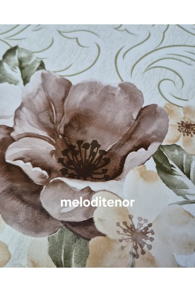 MİRELLA Lined Pastel Brown Cream Floral Pathed American Service Runner Pattern Oval Pvc Oilcloth Tablecloth