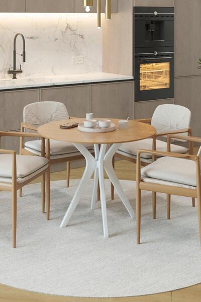 PLASMOB 90x90cm Yuvarlak Masa(Sadece Masa) Ceviz-Krem Mutfak Masası-Balkon Ma...