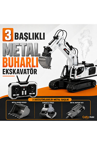 3 Başlıklı Şarjlı Ekskavatör Kepçe Oyuncak | Metal Kovalı | Duman Efektli | İş Makinesi Oyuncağı